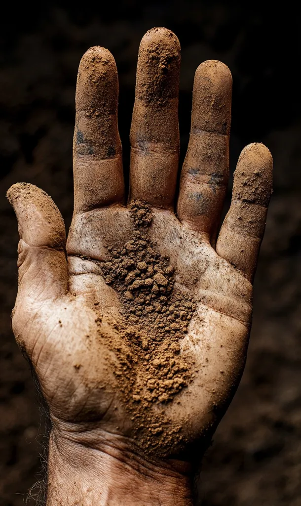 A hand, covered in dirt, is held up against a dark background. The fingers are spread, and the palm is covered in a thick layer of brown soil.  The dirt is concentrated in the center of the hand, forming a small mound.  The hand appears rough and calloused, suggesting the owner does manual labor. The image focuses on the texture and details of the dirt and hand, creating a sense of raw, natural beauty.
