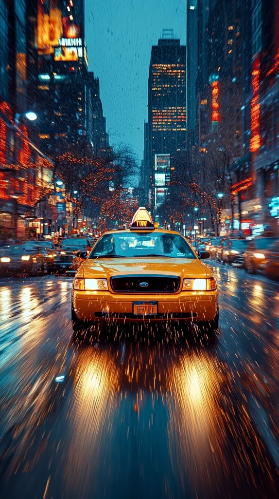 A yellow taxi cab drives down a city street at night. The city is lit up with neon signs and streetlights, and the rain is coming down in sheets. The taxi is the focus of the image, with the blurred background creating a sense of motion and speed. The city lights reflect off the wet street, creating a shimmering effect. The overall image is one of urban energy and excitement.