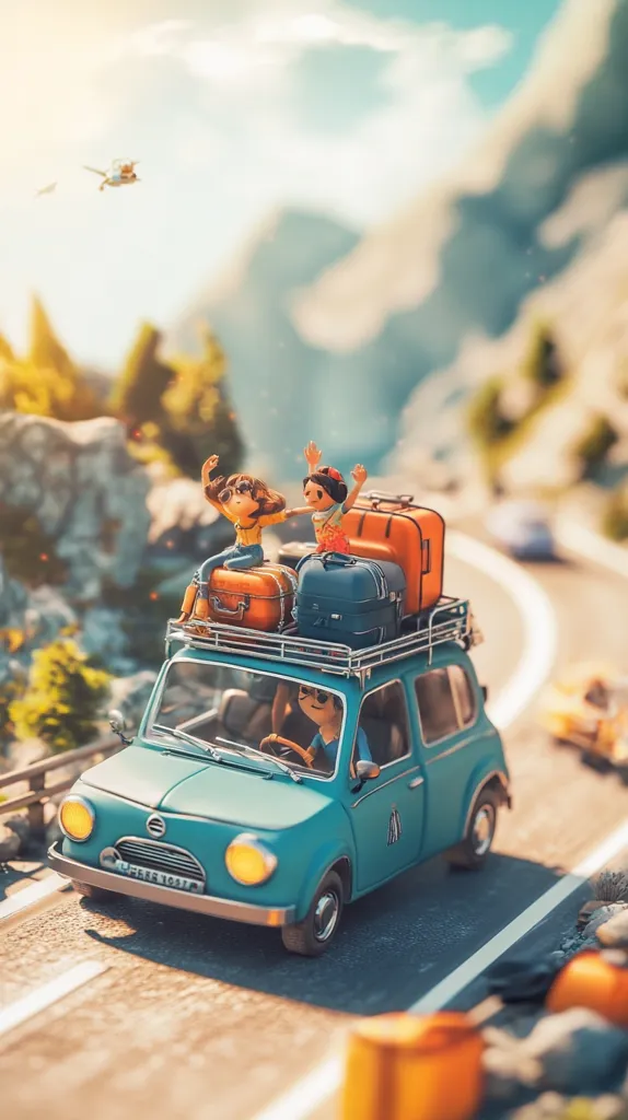 A blue vintage car drives on a winding road with two cartoon characters riding on top. The car is loaded with luggage, suggesting a road trip. The road is lined with greenery and mountain landscapes. The scene evokes a sense of adventure and carefree travel. A small airplane flies overhead, adding to the adventurous feel. The vibrant colors and cartoonish style create a playful and lighthearted atmosphere.