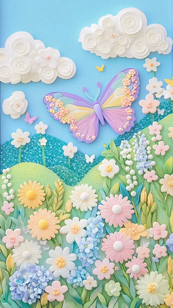 A whimsical, 3D  artwork depicting a beautiful spring scene. A pastel-colored butterfly with intricate wings flies over a field of delicate flowers in shades of pink, white, and yellow, set against a light blue background with fluffy clouds. The flowers are crafted with precision and detail, creating a textured and charming visual. The scene evokes a sense of tranquility and joy.