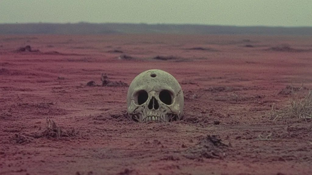 A human skull, partially buried in the ground, sits in the middle of a desolate, red-brown landscape. The skull has a small hole in the top, and the eye sockets are empty. The surrounding ground is barren and dry, with a slight hazy atmosphere. The image evokes a sense of loneliness and mortality.