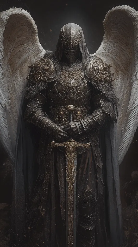 The image depicts a dark angel warrior, clad in intricate, black armor, with large feathered wings. Their face is obscured by a helmet, and they hold a large, ornate sword. The image has a dark, dramatic atmosphere, emphasizing the warrior's power and mystery.  The details of the armor and sword are highly visible, suggesting meticulous craftsmanship. The overall composition is balanced and impactful, with a strong sense of character and narrative.