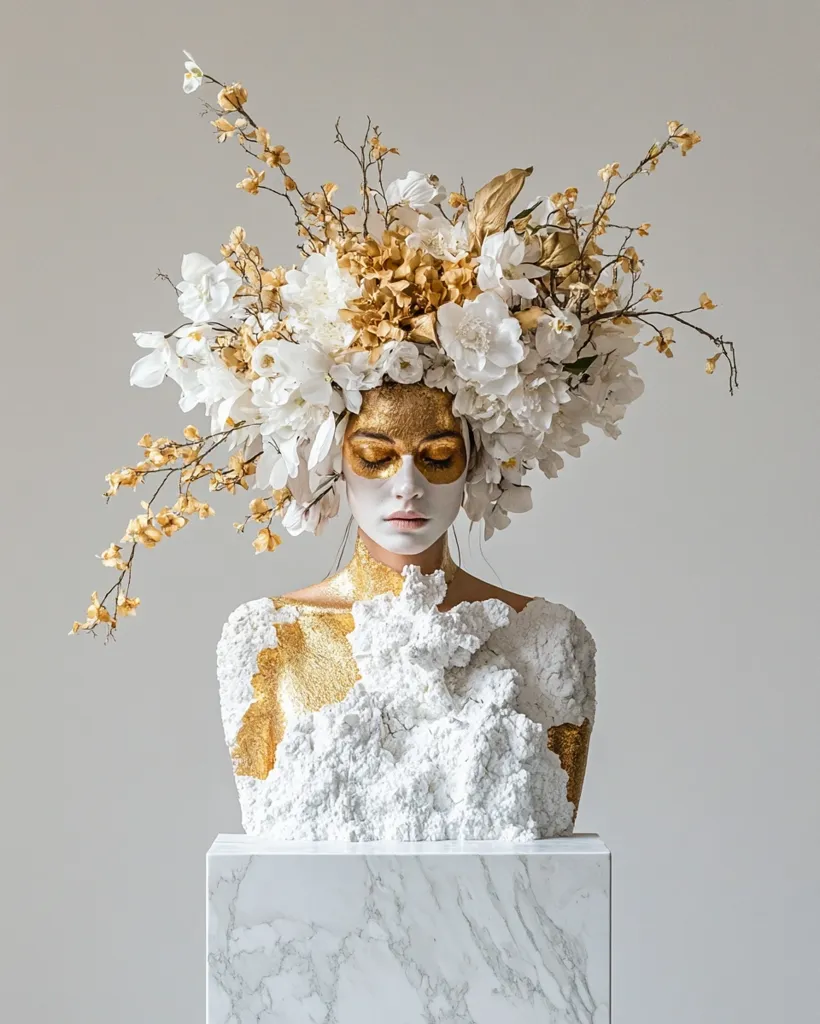 A woman with white skin and gold paint on her face and body is adorned with a large crown of white and yellow flowers. Her head and shoulders are partially covered in white material that resembles clouds. She is standing on a white marble pedestal against a plain white background. The image has a minimalist and surreal aesthetic.