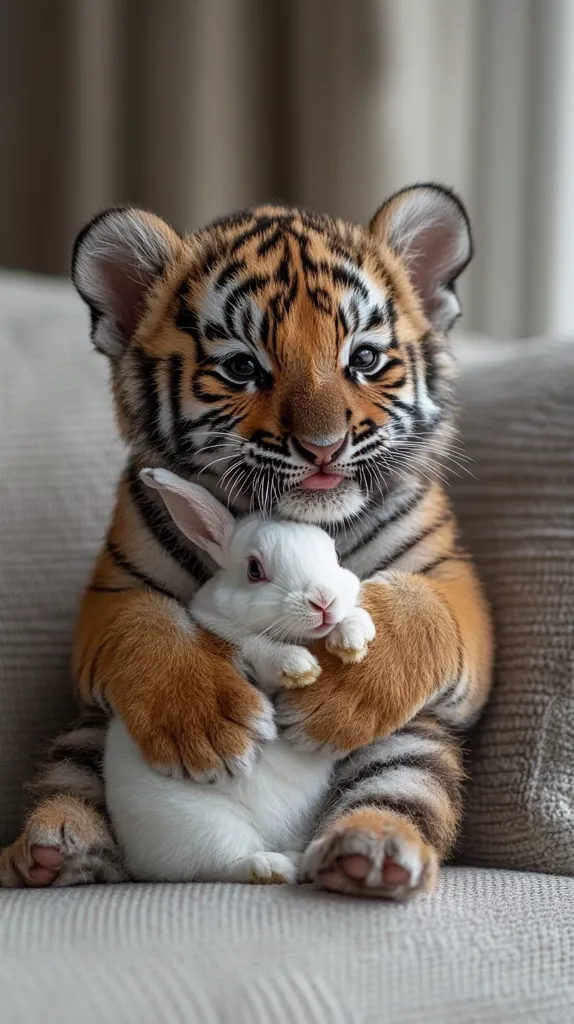 A tiger cub, with black and orange stripes, sits on a plush gray couch, gently cradling a white rabbit in its paws. The tiger's face is close to the rabbit's, and its eyes are closed as if it's enjoying the moment. The white rabbit rests peacefully in the tiger's embrace, seemingly content with the unusual companionship.  The image captures a heartwarming moment of unexpected friendship.