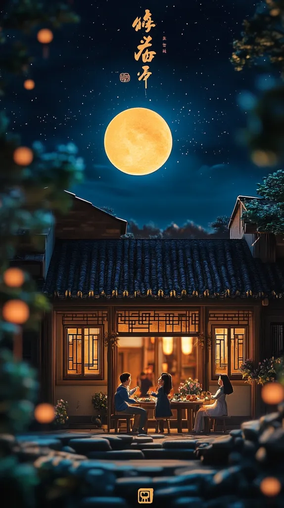 The image depicts a traditional Chinese house with a large moon in the background. The house has a tiled roof and wooden windows. Three people are seated at a table in the house, enjoying a meal. The image has a warm, inviting feel and evokes a sense of tranquility. The scene is illuminated by the moon and the soft glow of lights inside the house. The image is likely a celebration of the Mid-Autumn Festival, a traditional Chinese festival celebrated with family and friends.  The characters in the image are written in traditional Chinese script, and they appear to be a poem or a phrase related to the festival.