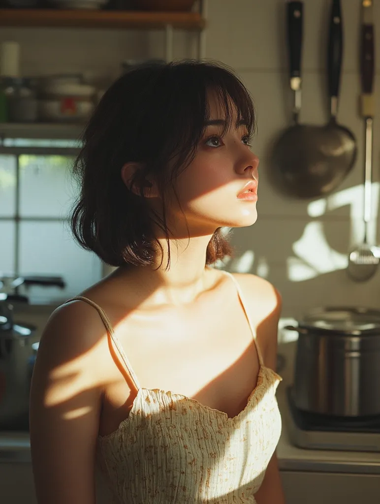 A young woman with short dark hair and a light-colored floral dress stands in a kitchen, bathed in warm sunlight. Her gaze is directed upwards, her face illuminated by the golden glow. The kitchen is filled with kitchen utensils and cookware, adding a touch of domesticity to the scene.  The soft lighting and the woman's serene expression create a sense of calm and tranquility.