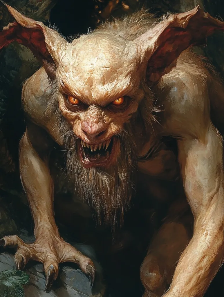 The image shows a grotesque, hairy creature with large, pointed ears and glowing orange eyes. It has a fierce, snarling expression and sharp teeth. Its body is lean and muscular, with long claws on its hands and feet. The creature is depicted in a dark, shadowy setting, suggesting a sense of menace and danger.