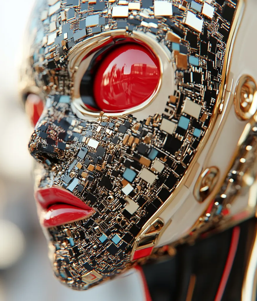 The image is a close-up of a robotic face. The face is made of metal and circuits, with a large, red eye that reflects the surrounding environment. The robot's mouth is open, revealing a red, glossy lip. The metallic skin is covered in intricate circuits, creating a futuristic and slightly unsettling aesthetic. The image evokes a sense of artificial intelligence and the blurring lines between humanity and technology.
