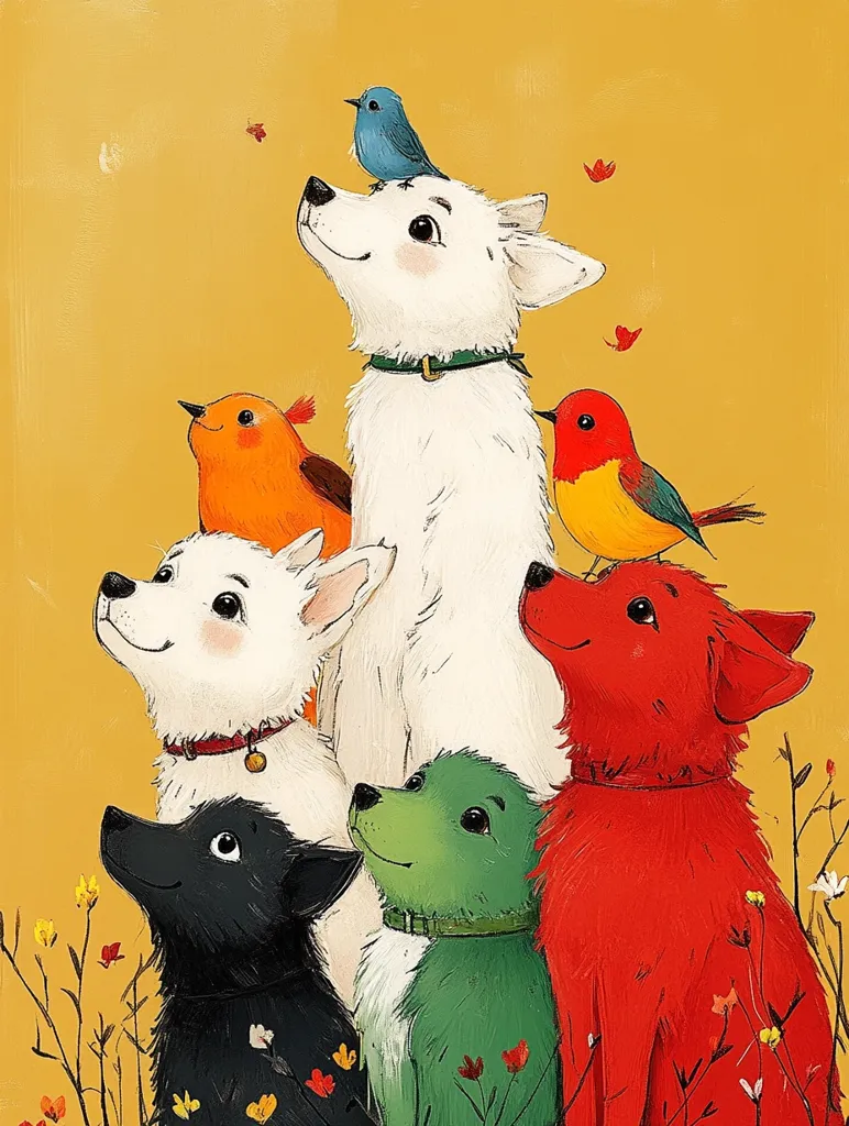 A group of five furry friends, a white dog with a blue bird on its head, a red dog, a black dog, a green dog, and a white dog with an orange bird sitting on its back, stand in a row, looking up at the yellow sky with small wildflowers sprouting at their feet.  The scene is whimsical and playful.