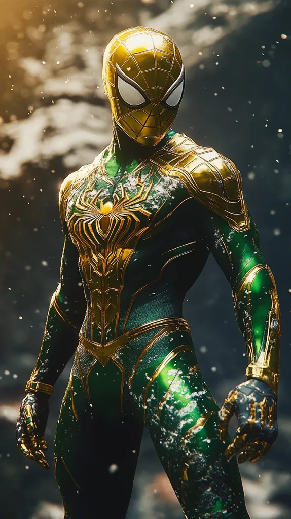 The image shows a superhero in a green and gold suit with a spider symbol on the chest.  The superhero is looking to the left of the image, with a serious expression. The suit is covered in what looks like snow or ice, creating a dramatic visual effect. The background is blurry and dark, drawing attention to the superhero in the foreground. The image has a powerful and mysterious feel.