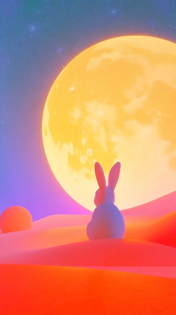 A large, bright yellow moon hangs in a blue and purple sky dotted with stars. A cartoon rabbit sits in a sandy landscape, facing the moon, with another smaller, round object to its left. The image is rendered in a 3D style, with soft, rounded shapes and a vibrant color palette. The scene is whimsical and dreamlike, evoking feelings of tranquility and wonder.