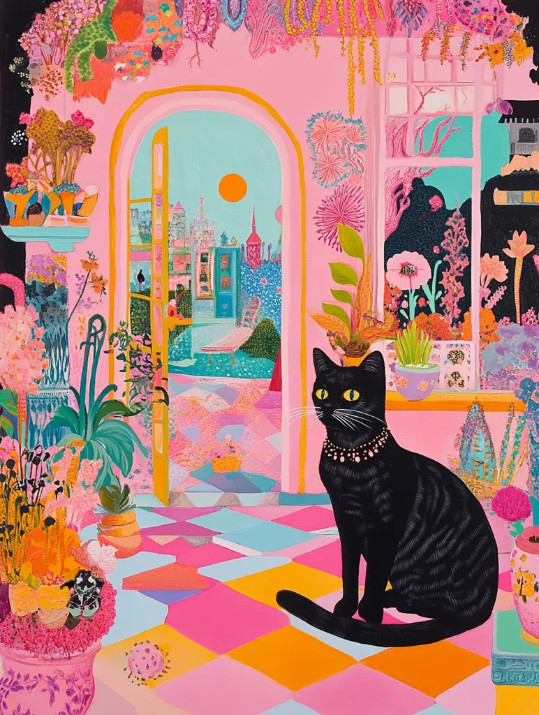 The painting depicts a whimsical indoor scene with a black cat wearing a pearl necklace. The room is adorned with vibrant pink walls, a checkered floor, and an open doorway that leads to a fantastical cityscape with a large yellow sun. A variety of colorful flowers and plants add to the lively atmosphere. The cat sits regally in the foreground, its gaze directed towards the viewer. The painting's overall style is playful and charming, with a focus on bright colors and whimsical details.
