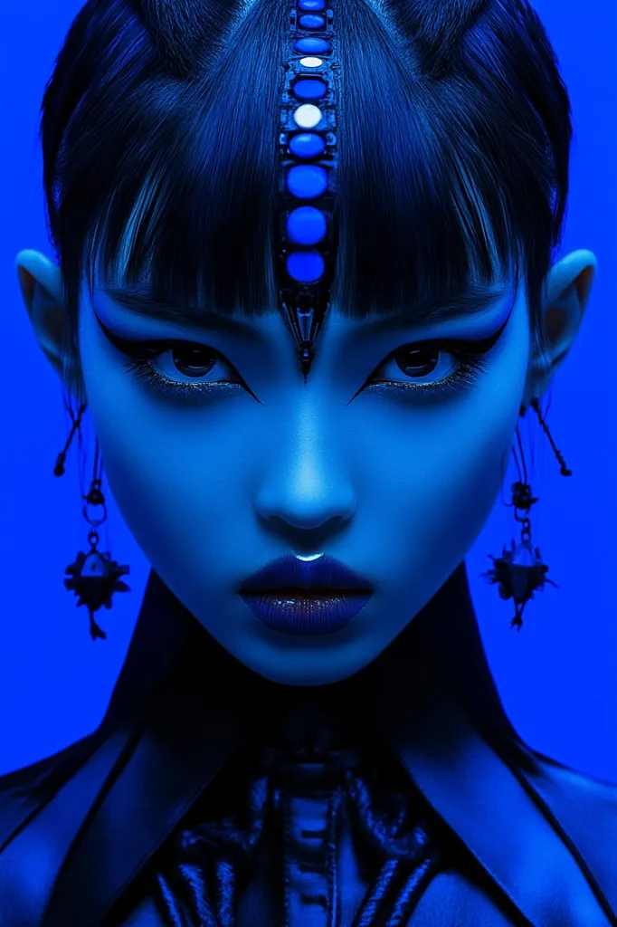 The image shows a woman's face, illuminated by blue light. Her dark hair is styled with a straight fringe, and her forehead is adorned with a decorative strip of blue and white circles. Her eyes are intensely dark, outlined in black eyeliner. She wears large dangling earrings, with a dark, almost black lip.  The background is a deep blue, creating a mysterious and striking portrait.