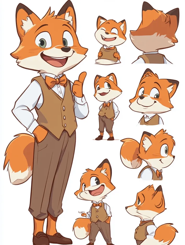 The image features a cartoon fox in various poses. The main fox is standing upright, wearing a white shirt, brown vest, and a bow tie. He is smiling and giving a thumbs-up.  The other images show different angles and expressions of the fox, including a side view, a back view, and a close-up of the face. All of the foxes have large, expressive eyes and are drawn in a cute and friendly style. The background is a simple white.