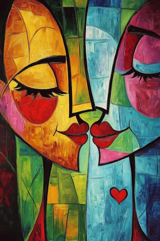 The painting depicts two faces, a male and a female, in a cubist style. The faces are painted in bold, vibrant colors, with contrasting shades of yellow, red, pink, green, and blue. Their lips are touching, suggesting a tender kiss. A red heart is painted in the bottom right corner, symbolizing love. The thick brushstrokes and abstract shapes create a dynamic and expressive piece. The painting evokes a sense of passion, intimacy, and unity.
