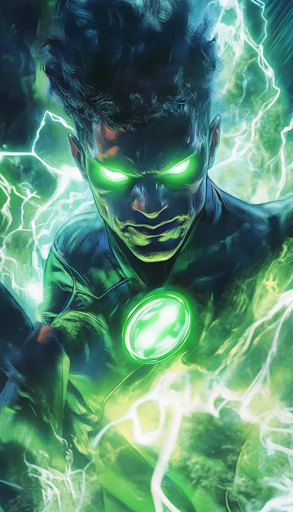 The image depicts a close-up of a superhero, likely Green Lantern, with glowing green eyes and a green power ring. He is surrounded by a swirling green energy that resembles lightning, suggesting he is harnessing his powers. The image has a dramatic, action-packed feel, hinting at an intense moment in the superhero's story.