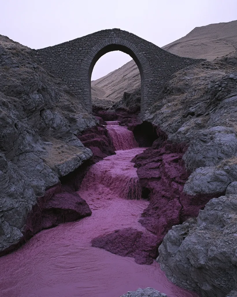 A stone arch bridge spans a rocky ravine, with a vibrant purple stream flowing beneath it. The water appears to be dyed an unnatural color, perhaps due to industrial waste or natural mineral deposits. The scene is surreal and slightly eerie, with the vibrant purple contrasting with the grey rock formations.