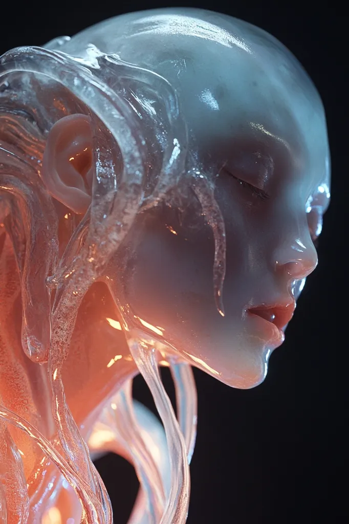 The image shows a close-up of a person's face, their skin appearing to be made of translucent, flowing liquid. The person's eyes are closed and their mouth is slightly open. The image is lit from below, casting an orange glow onto the person's skin. The liquid-like skin appears to be flowing and dripping, creating a surreal and otherworldly aesthetic.