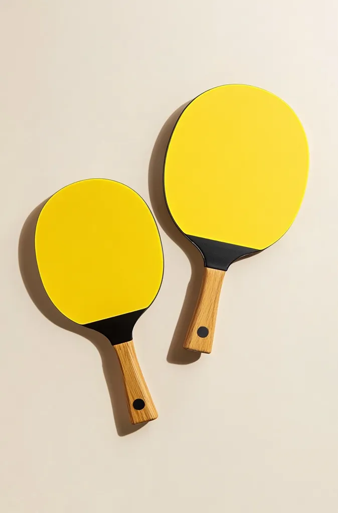 Two yellow ping pong paddles with black and brown accents are laid out on a light brown background. They are positioned so that the handles are pointing towards the bottom of the frame. The image captures a simple, minimalistic aesthetic.  The paddles are arranged asymmetrically, creating a dynamic composition.