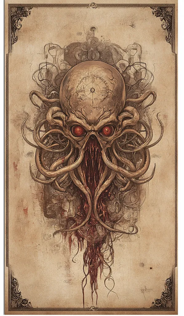 The image is a vintage-style illustration of a grotesque, monstrous creature with a fleshy, tentacled head and a gaping maw, with red eyes. It's rendered in browns and reds, with intricate details and a textured background, giving the impression of an ancient, faded manuscript.  The creature is depicted in a dramatic pose, with its tentacles extended outward, suggesting power and menace. The overall mood is one of horror and the unknown.