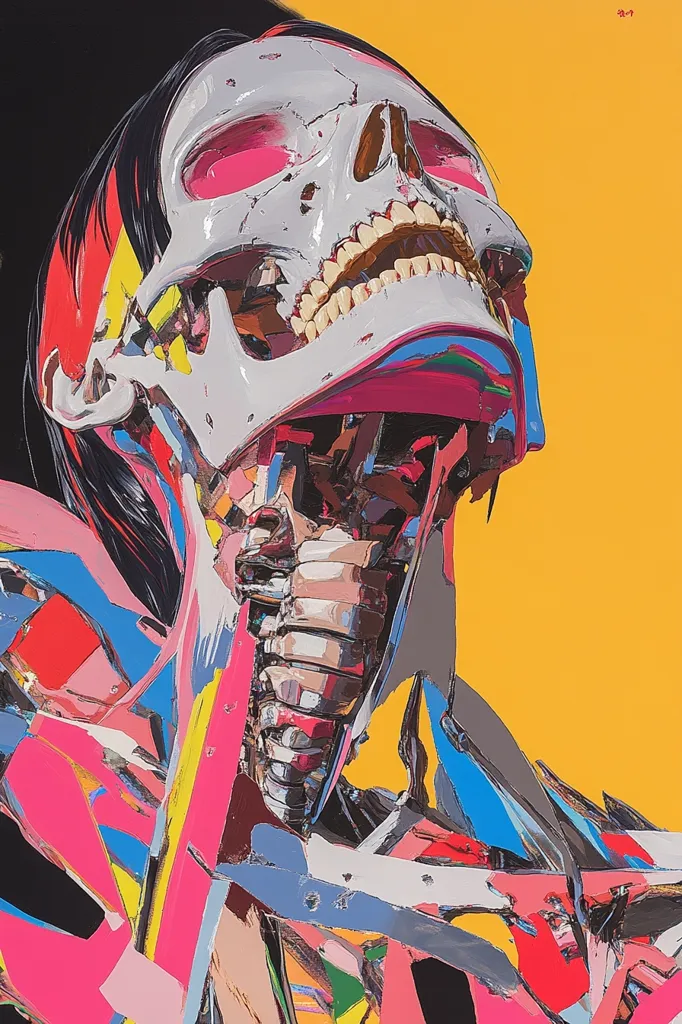 The image is a vibrant, abstract portrait of a skull-like figure. It is painted in a bold, graphic style, with bright colors and sharp lines. The figure's head is tilted back, with its mouth open in a silent scream. The background is a solid yellow, which contrasts with the colorful, fragmented details of the figure. The overall effect is unsettling and surreal, suggesting a clash between order and chaos, life and death.