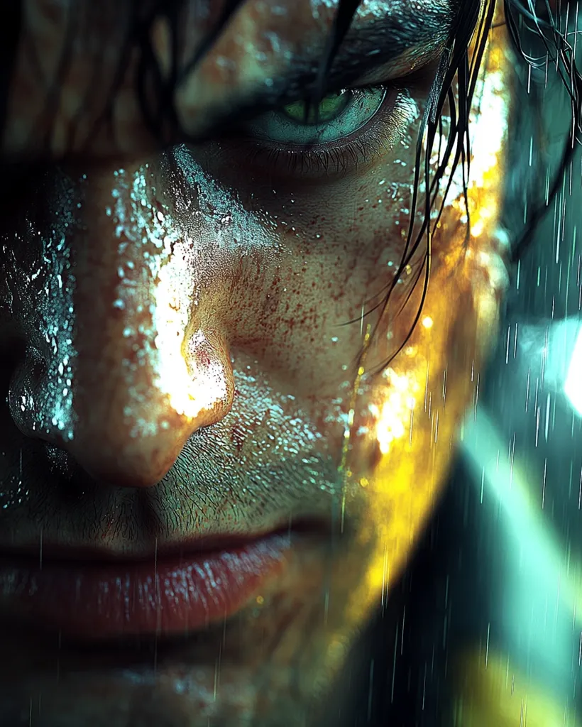 The image shows a close-up of a man's face. His eye is open, staring intensely, and his face is wet, possibly from rain. There are streaks of light and dark across his skin, giving the impression of a harsh environment. The image evokes feelings of intensity and determination.