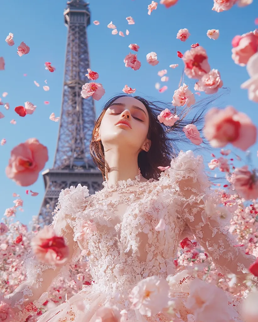 A woman in a white lace dress stands with her eyes closed, surrounded by a field of pink flowers. Her long brown hair flows behind her. The Eiffel Tower stands tall in the background. Pink petals are falling from the sky, creating a magical and romantic atmosphere.