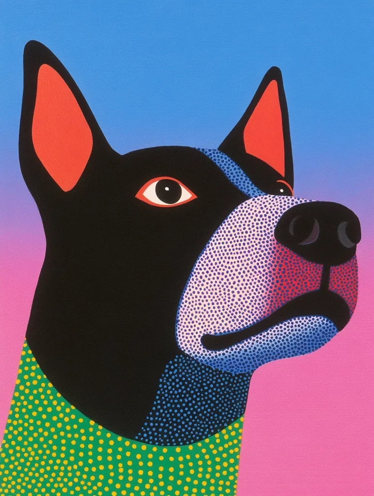 The image is a stylized portrait of a dog. The dog is black with a green collar with yellow dots. The background is a gradient of pink and blue. The dog's face is composed of small dots, creating a textured effect. The dog's eye is large and round, and its nose is black and pointy. The dog is looking to the right of the frame. The image is bold and graphic, with a playful and whimsical style.