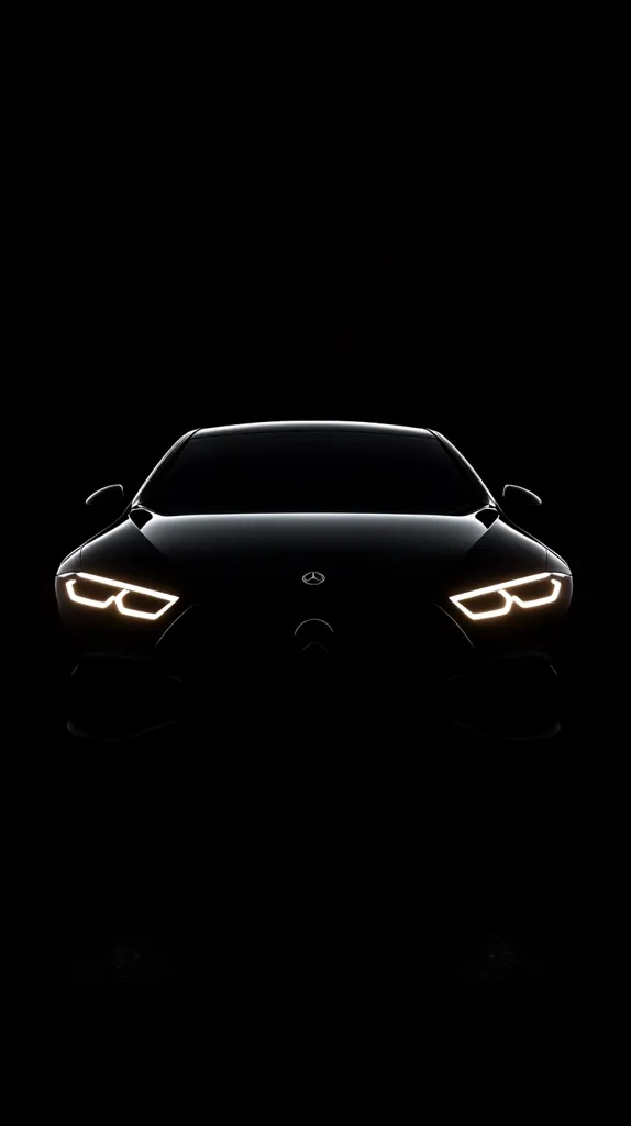 A black car is silhouetted against a dark background.  Only the headlights and the Mercedes-Benz logo are illuminated, creating a dramatic and mysterious effect. The car's sleek lines and powerful presence are emphasized by the lack of detail, making it appear both alluring and imposing. The image evokes a sense of luxury, speed, and exclusivity.