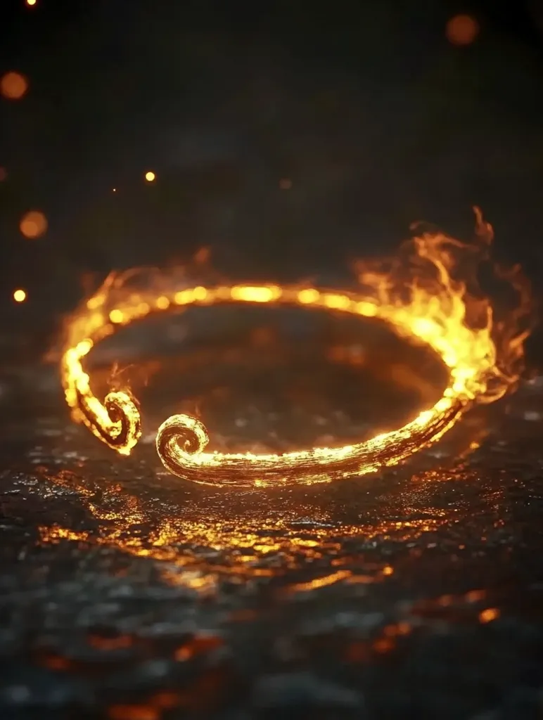 The image shows a glowing, circular shape formed by fire. It appears to be floating above a dark, textured surface. The fire is a vibrant orange and yellow, and it creates a sense of warmth and energy. The background is dark and blurred, which makes the fire stand out even more. The circular shape is almost complete, with only a small gap at the bottom, suggesting a sense of completion or closure. The image is captivating and mysterious, evoking feelings of wonder and intrigue.