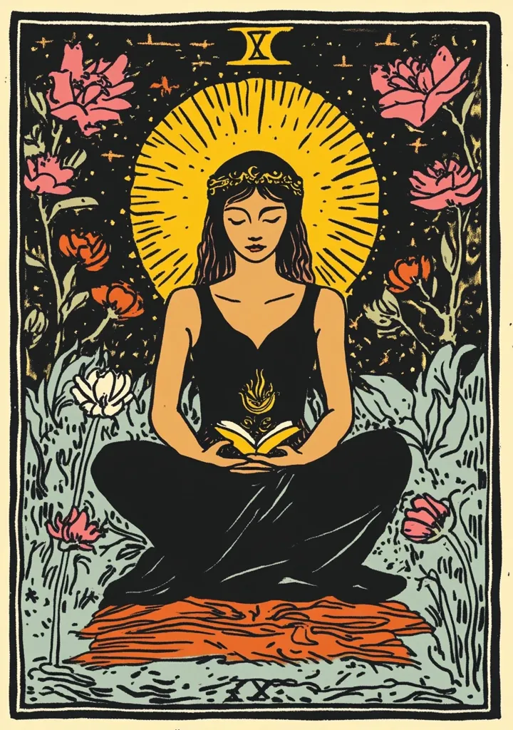 The image depicts a woman in a black dress, sitting in a meditative pose. She is surrounded by flowers and plants, with a glowing yellow halo above her head. She holds a book in her hands, and a flame appears to be emerging from the book. The image has a mystical and spiritual feel, suggesting a connection between the woman, nature, and the divine. The vibrant colors and intricate details add to the overall aesthetic appeal of the artwork.