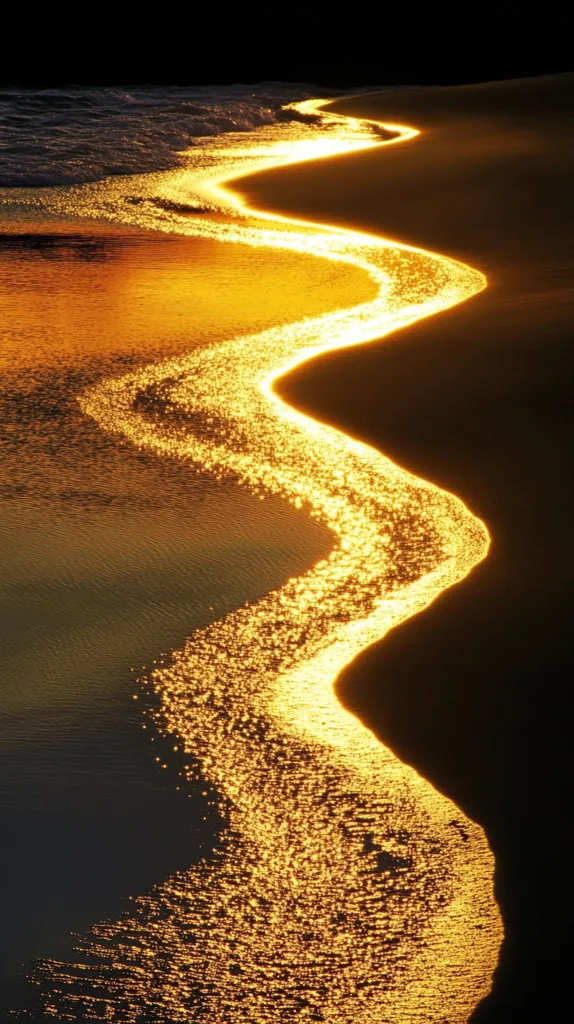 A winding path of golden light, created by the reflection of the setting sun on the rippling water, stretches across the sandy beach, illuminating the landscape with a warm, ethereal glow. The dark shoreline and the deep blue of the distant ocean provide a striking contrast to the radiant stream of light. The image evokes a sense of tranquility and wonder, capturing the fleeting beauty of a golden sunset.