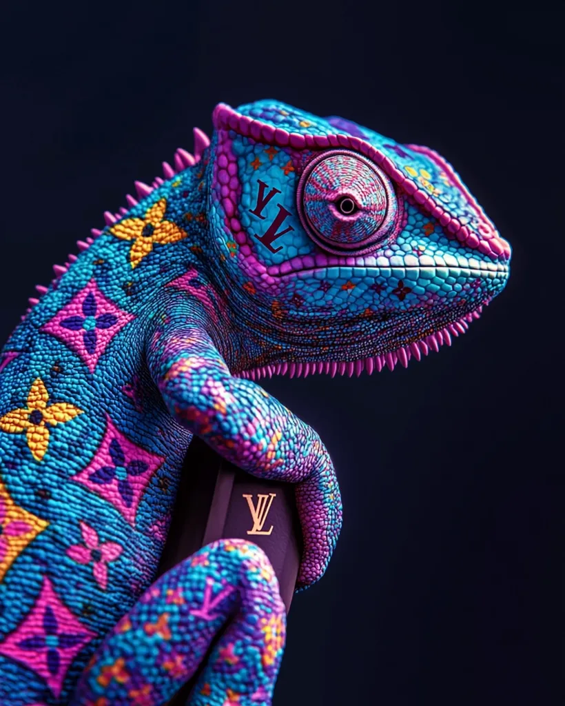 A chameleon, rendered in vibrant, almost neon colors of blue, pink, and yellow, is shown with the Louis Vuitton monogram pattern on its skin. It is clutching a dark box with the LV logo on it. The background is a deep, contrasting blue.  The chameleon's eye is a bright pink and yellow, staring directly at the viewer.