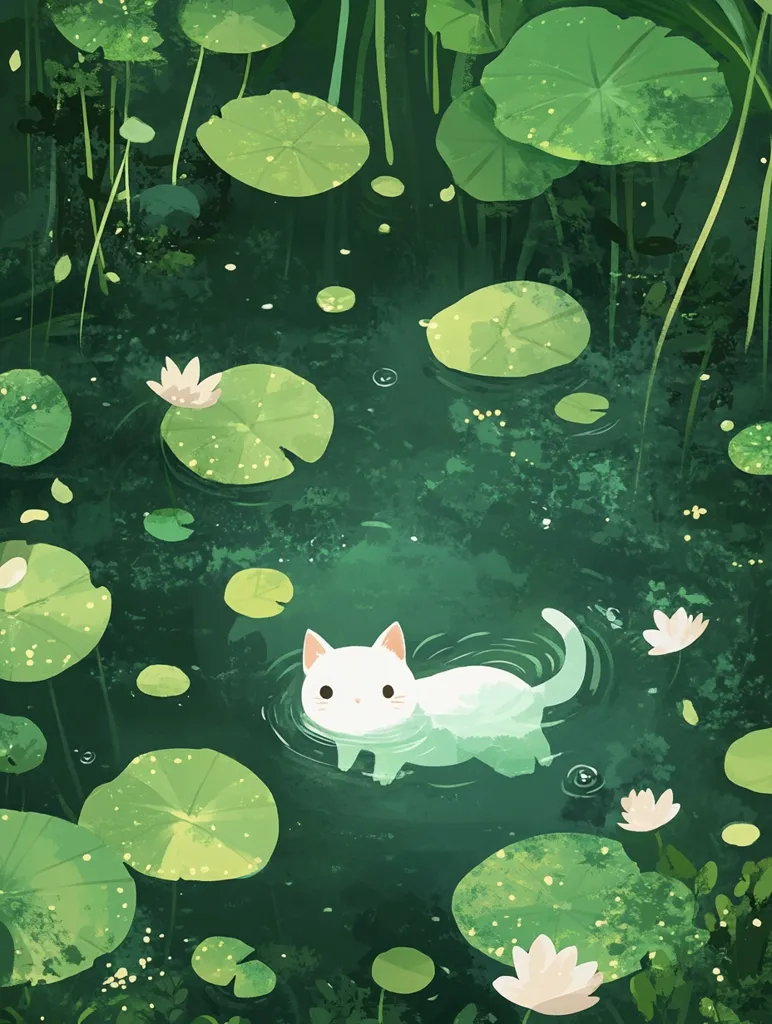 A white cat swims in a pond filled with large green lily pads. The water is calm and the cat's white fur contrasts with the green of the lily pads and the water. The pond is surrounded by tall green reeds and other vegetation. The image is painted in a soft, whimsical style and evokes a sense of peace and serenity.