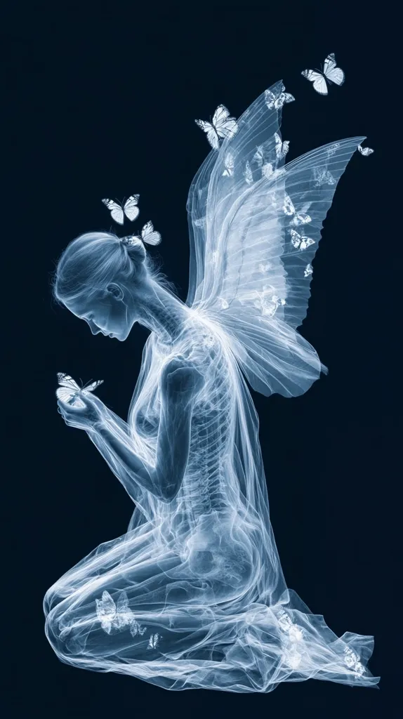 A woman, rendered in a translucent, ethereal blue, kneels with her head bowed. Her form appears skeletal, as if made of light. Her wings, also translucent, are adorned with delicate butterflies, creating a dreamy, ethereal image. The background is a deep blue, adding to the sense of mystery and otherworldliness.