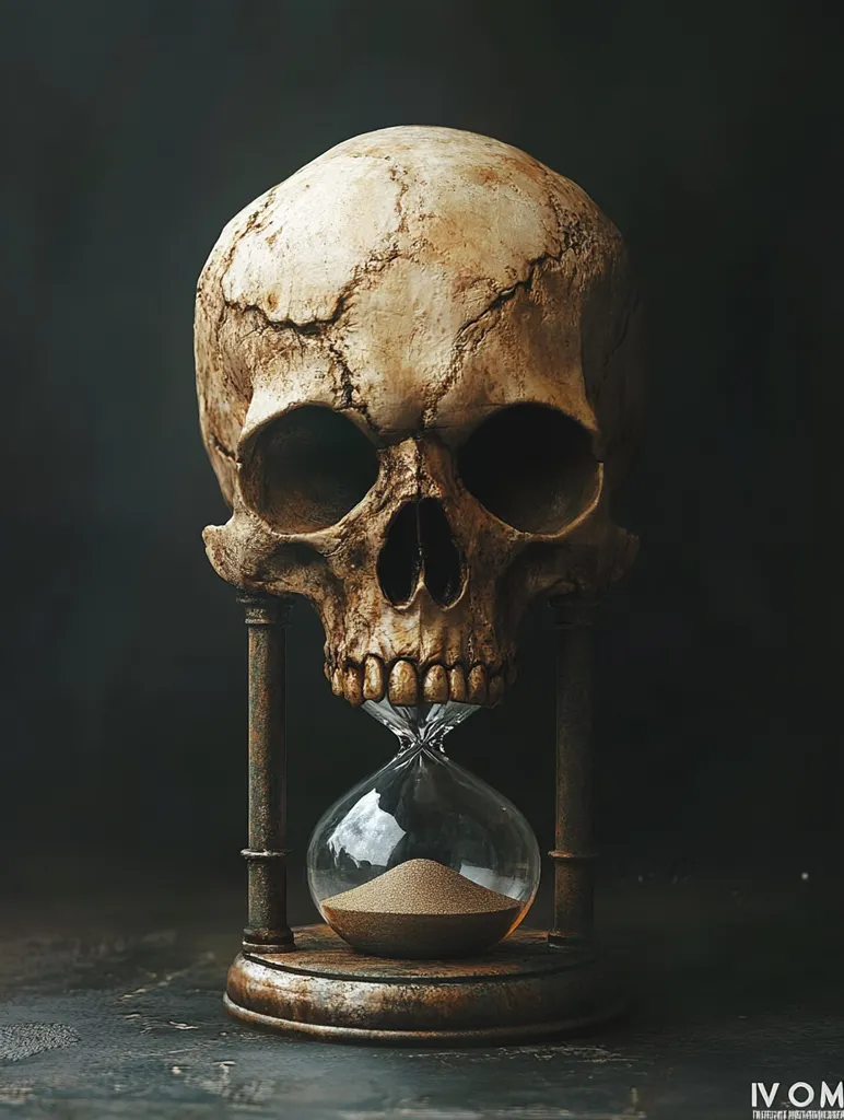 A human skull is positioned as the top of an hourglass. The skull is detailed, with visible teeth and eye sockets. The hourglass is made of aged metal and glass, with sand slowly flowing through the bulb. The image is dark and moody, suggesting the passing of time and the inevitability of death.