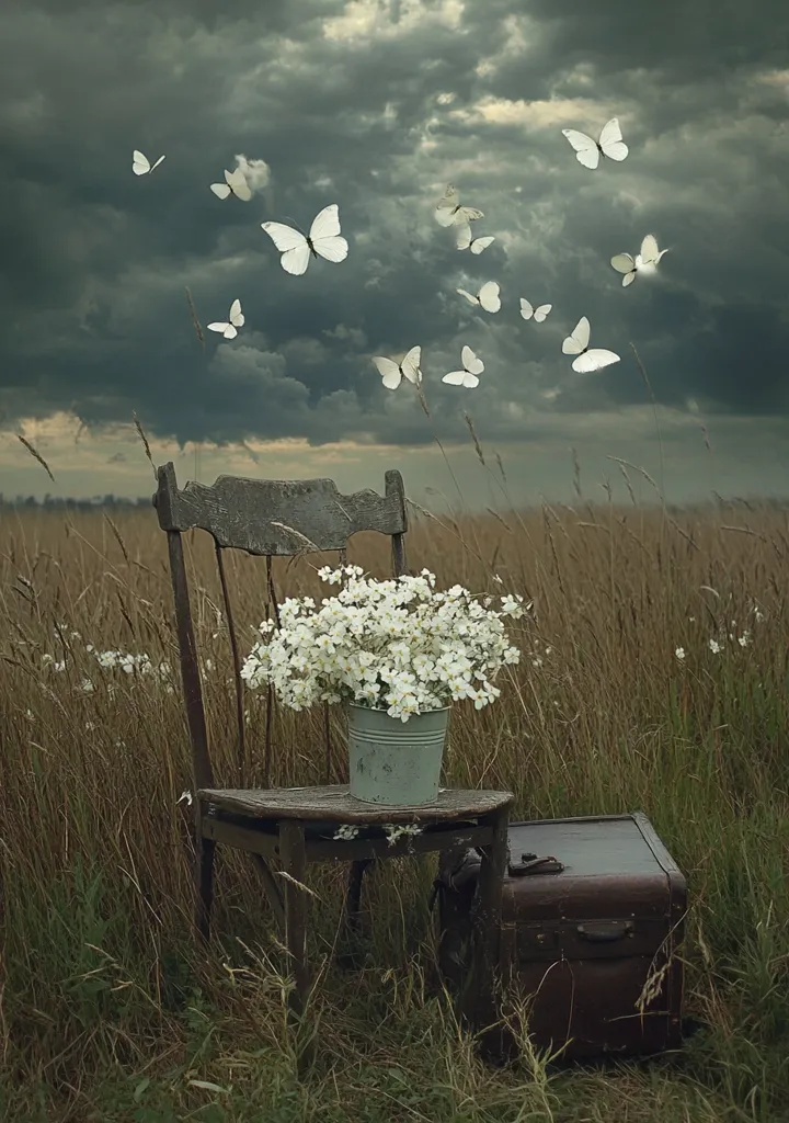 An old wooden chair stands in a field of tall grass, with a bouquet of white flowers in a metal bucket resting on the seat. A weathered, brown suitcase sits beside the chair. The sky above is a dramatic grey, dotted with numerous white butterflies fluttering in the air. The scene is tranquil and evocative, suggesting a sense of longing and nostalgia.
