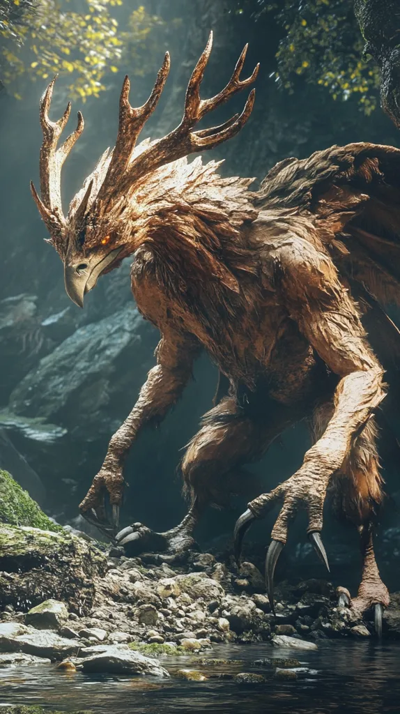 A mythical creature with large, antler-like horns and a bird-like head stands in a forest. Its body is covered in a thick layer of feathers and its talons are sharp. The creature has red eyes that gleam in the dim light of the forest. It stands on a rocky riverbed with a small stream flowing beside it. The creature is looking down at the water, its expression intense and focused.