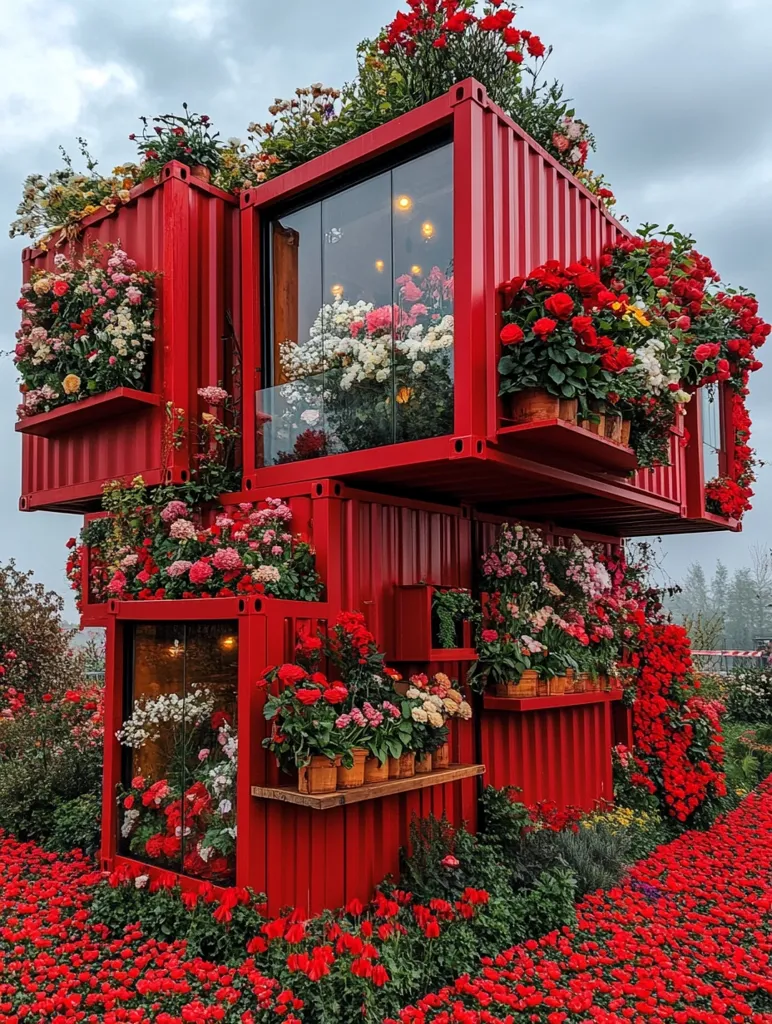A vibrant flower display is constructed from stacked shipping containers painted a bright red. The containers are adorned with various flowers and plants, creating a whimsical and colorful structure. A large bed of red flowers surrounds the base of the display, adding to the overall aesthetic appeal. The image captures a unique and creative use of recycled materials to showcase the beauty of nature.