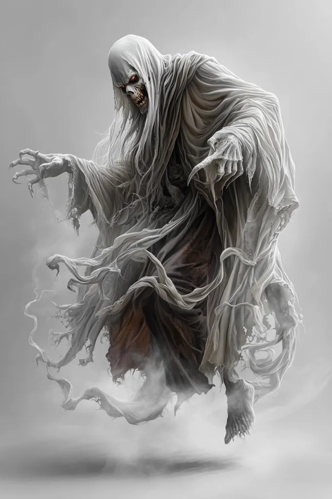 A skeletal figure, shrouded in a flowing white robe, with glowing red eyes and a menacing grin, floats against a gray background. The figure’s long, skeletal fingers are outstretched, and its robe billows dramatically as if caught in a strong wind, creating a sense of otherworldly movement. The image evokes a feeling of both fear and fascination.