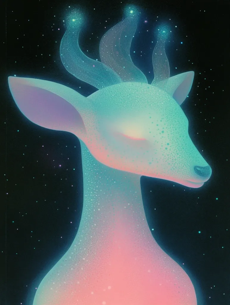 The image depicts a stylized deer with a glowing, iridescent body and a starry background. Its antlers are abstract and glow with a celestial light. The deer's head is tilted slightly, giving it a thoughtful expression. The overall mood of the image is dreamy and ethereal, suggesting a sense of wonder and enchantment. The use of soft, pastel colors enhances the mystical feel.