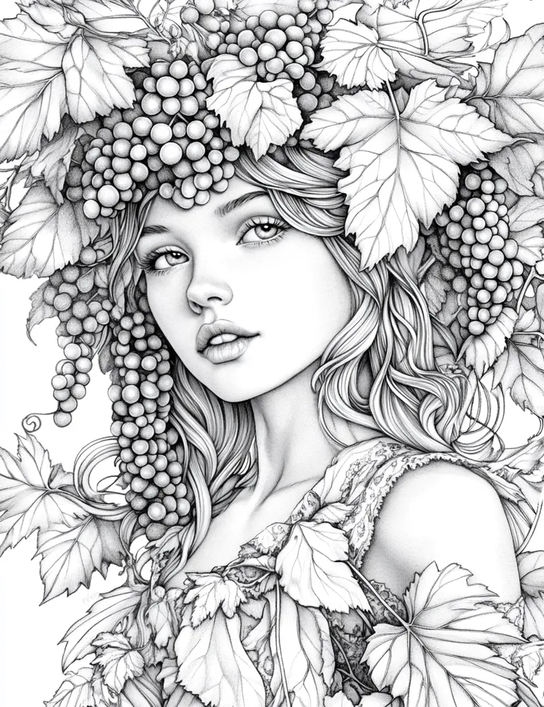 A detailed pencil drawing of a woman with long flowing hair adorned with a crown of grapes and leaves. Her face is delicate and features a soft, contemplative expression. The intricate details of the grapes and leaves create a sense of beauty and abundance. The drawing is rendered in shades of gray, highlighting the textures and contours of the subject.  The overall effect is both elegant and captivating.