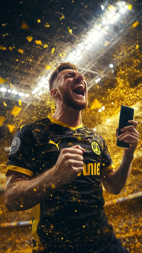 A soccer player in a black and yellow jersey with a yellow "BVB" logo celebrates with his fist in the air. He is surrounded by a shower of golden confetti and is looking up in joy. The image captures the excitement of a victory celebration in a stadium. The player's passion and enthusiasm are evident in his expression and body language.