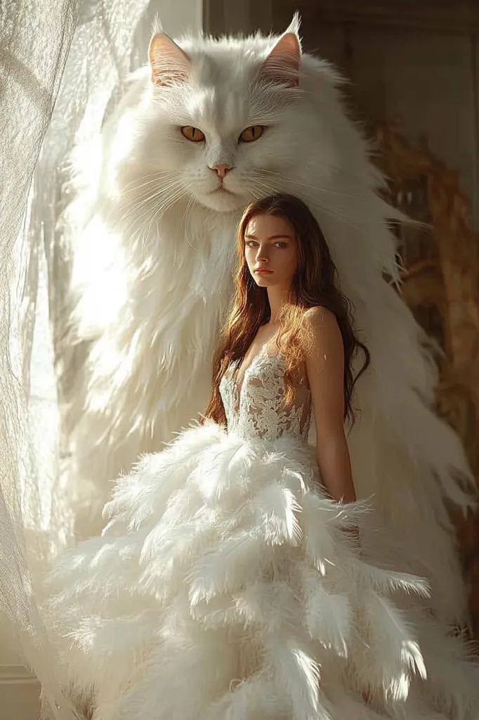 A woman with long brown hair, wearing a white feather-trimmed dress, stands in front of a giant white cat. The cat is incredibly large and fluffy, nearly dwarfing the woman. The background is out of focus and appears to be a soft, light-filled room. The woman looks directly at the camera with a serious expression. The image evokes a sense of fantasy and wonder, perhaps suggesting a magical or mythical creature.