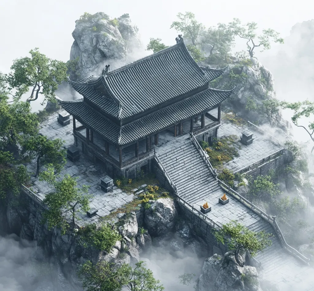 A traditional Chinese temple stands atop a misty mountain. The temple has a gray tiled roof and a wooden frame. It is surrounded by a stone platform and a long staircase that descends to a lower level. Lush green trees and rocky cliffs frame the scene. The image captures a serene and mystical atmosphere, with the fog adding a sense of otherworldly beauty.