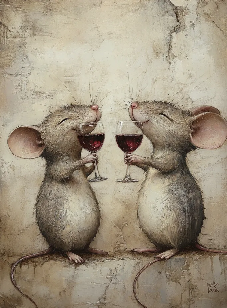 Two mice are depicted in a painting, both holding wine glasses and looking at each other with a smile. They are standing on a rough, textured surface that appears to be a wall. The painting has a rustic, earthy feel with a vintage palette of browns and creams.  The mice are depicted in a realistic style with attention to detail.  The painting evokes a sense of companionship and joy.