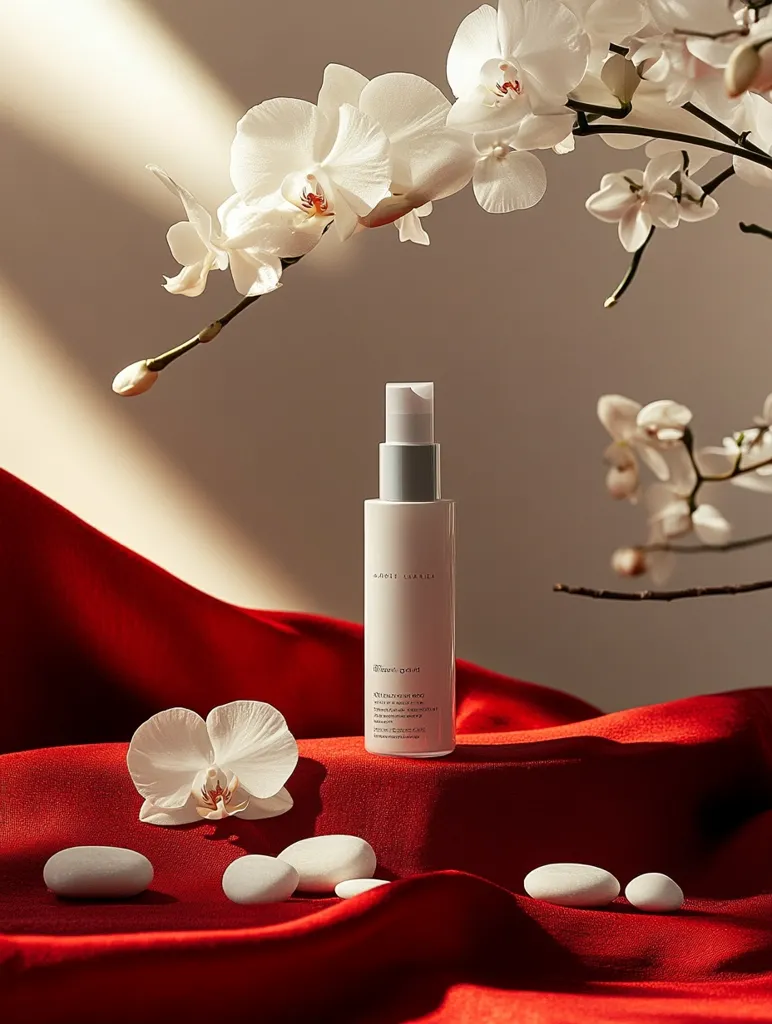 A white bottle of face serum sits on a red satin fabric, surrounded by white stones and a single orchid. The background is a soft, sunlit wall with a branch of white orchids extending from the top right corner.  The image evokes a sense of calm and luxury, with the soft colors and simple composition creating a serene atmosphere.
