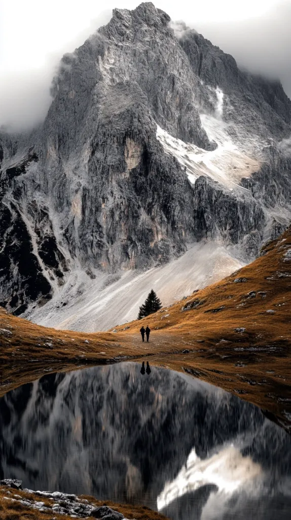 A towering, snow-capped mountain dominates the landscape, its rugged slopes reflecting in a still, clear pool of water. Two figures walk along a path in the foreground, their small size emphasizing the grandeur of the natural world. The air is misty, adding a sense of mystery and tranquility to the scene.  The image evokes a sense of awe and wonder at the beauty and power of nature.