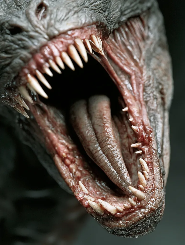 The image shows a close-up of a creature's open mouth. The creature has sharp, pointed teeth and a long, wet tongue. Its gums are red and swollen, and its skin is grey and wrinkled. The creature's expression is menacing and predatory, giving the impression that it is about to attack. The focus on the mouth highlights the creature's primal nature and its potential for violence. The image is likely from a horror movie or video game.