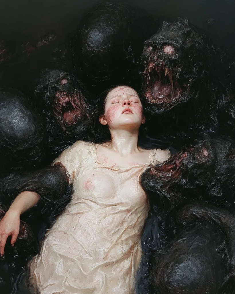 The image depicts a young woman lying in a dark, shadowy environment, seemingly surrounded by grotesque creatures. Her face is pale and serene, while the creatures appear monstrous and threatening. The woman's white dress and the dark surroundings create a stark contrast, highlighting the fear and vulnerability of her situation. The overall composition evokes a sense of unease and suspense, suggesting a nightmarish or surreal scenario.